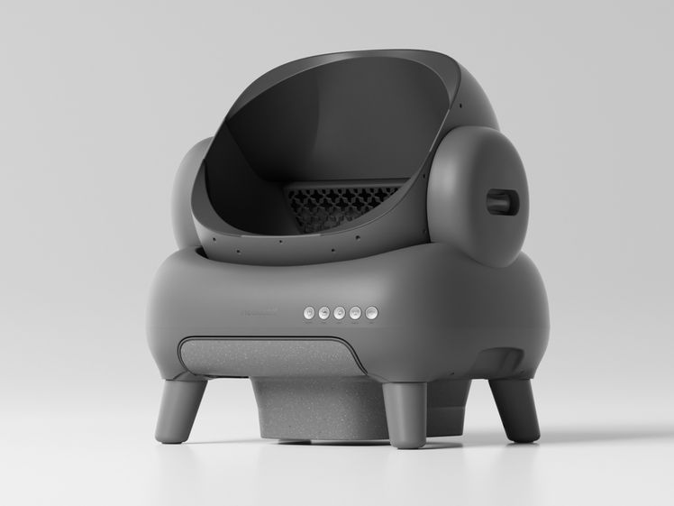 Cat litter box with large semi-open top and rounded rectangular base with 4 legs for support