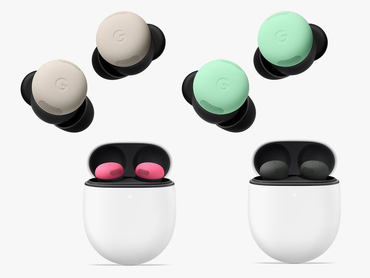 2 pairs of earbuds in beige and green floating above 1 white case with pink earbuds inside and 1 white case with black earbuds inside